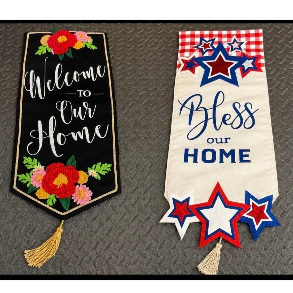 Set of 2 Welcome Home Garden‎ Flags Patriotic Stars & Floral Applique Banners